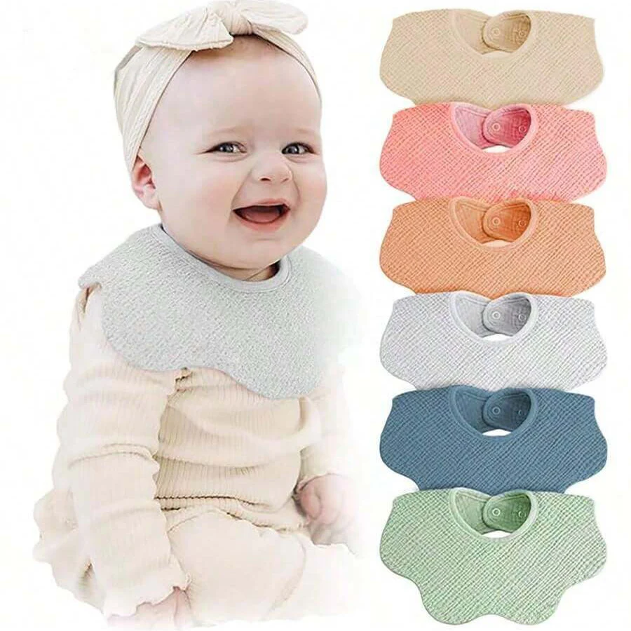 

6Pcs Baby Bibs, Pure Cotton Gauze - Petal Bibs - Solid Color Baby Gauze Bibs, Soft, Skin-Friendly, Breathable - Washable, Non-Fading, for Infants to Prevent Spitting up - Small Bibs for Eating, Suitable for All Seasons, Adjustable Snap Button Style, Perfe