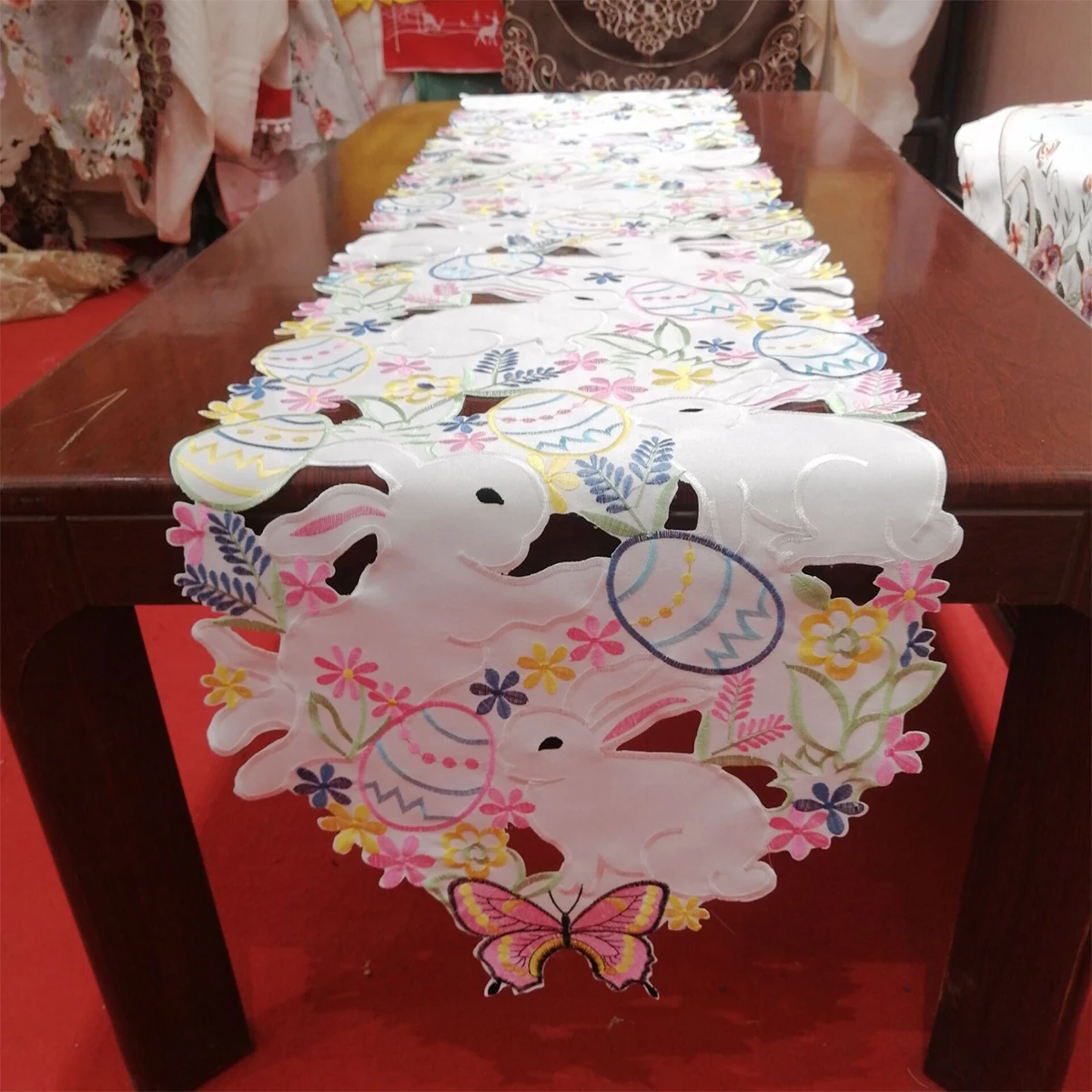 Happy Easter Table Runner Embroidered Colorful Bunny Butterflies Table Cover Spring Dinner Decorations Home Supplies