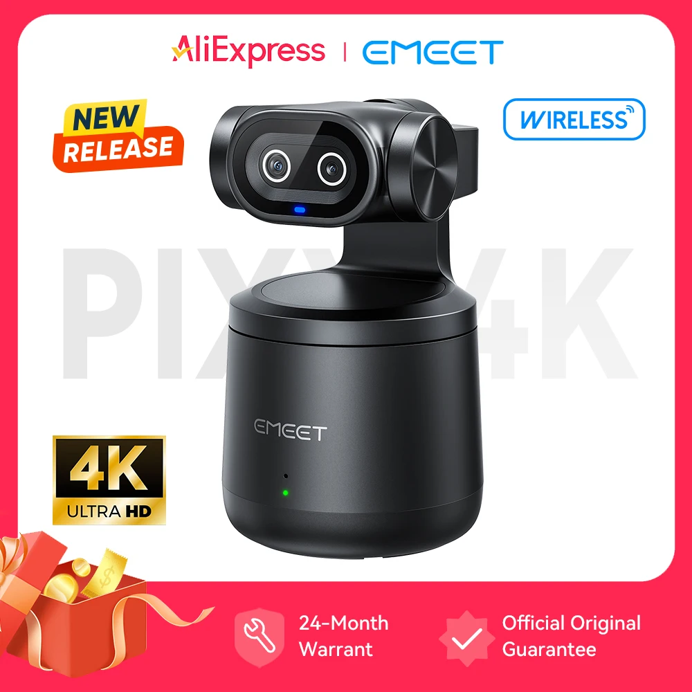 EMEET PIXY Wireless 4K Webcam Dual-Lens AI Tracking PTZ Streaming Camera Gesture Control HDR Live Streaming for YouTube/Facebook