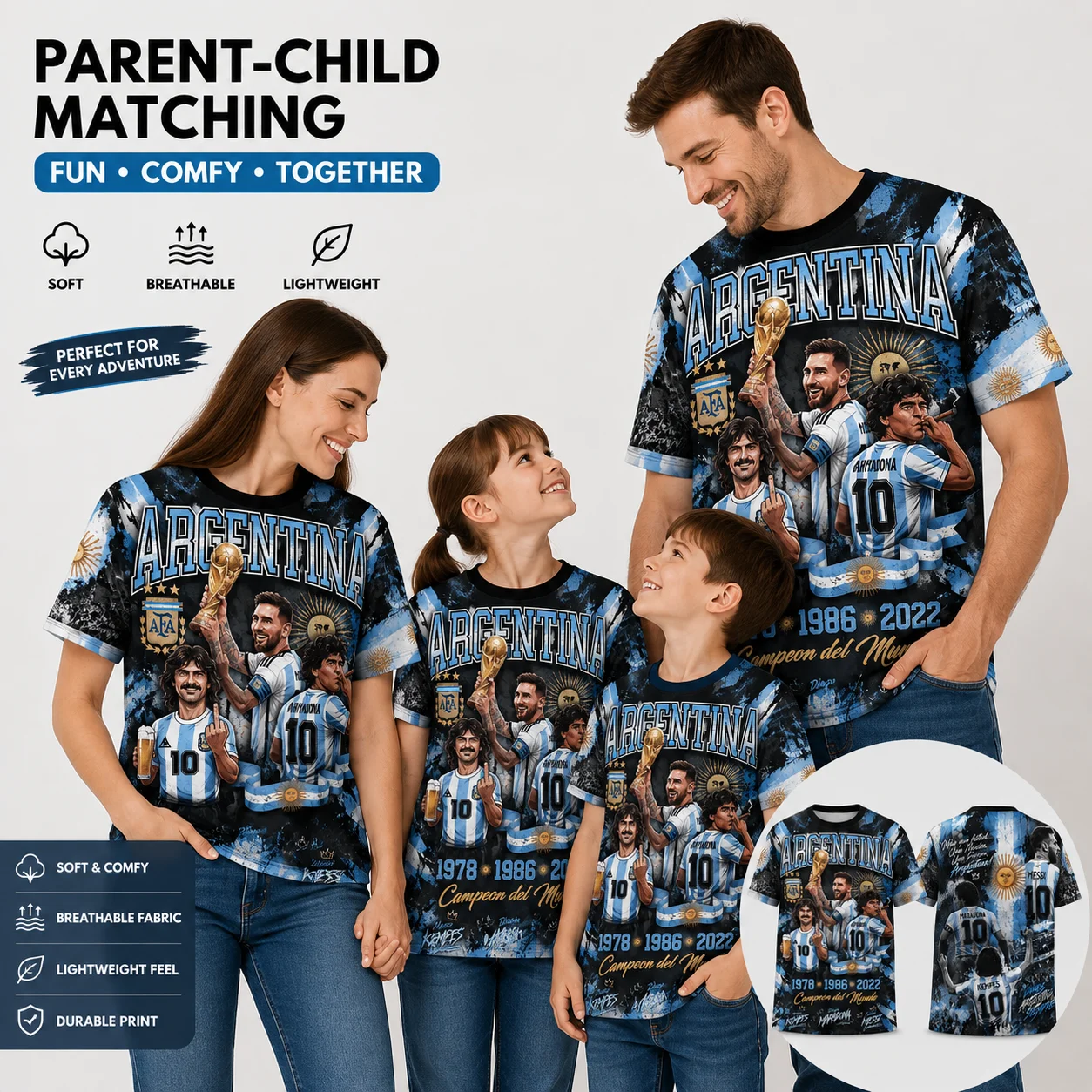 Three Stars Argentina Champion Parent‑Child Football Jersey, Family Matching Kempes Maradona Messi Graphic Unisex Tee