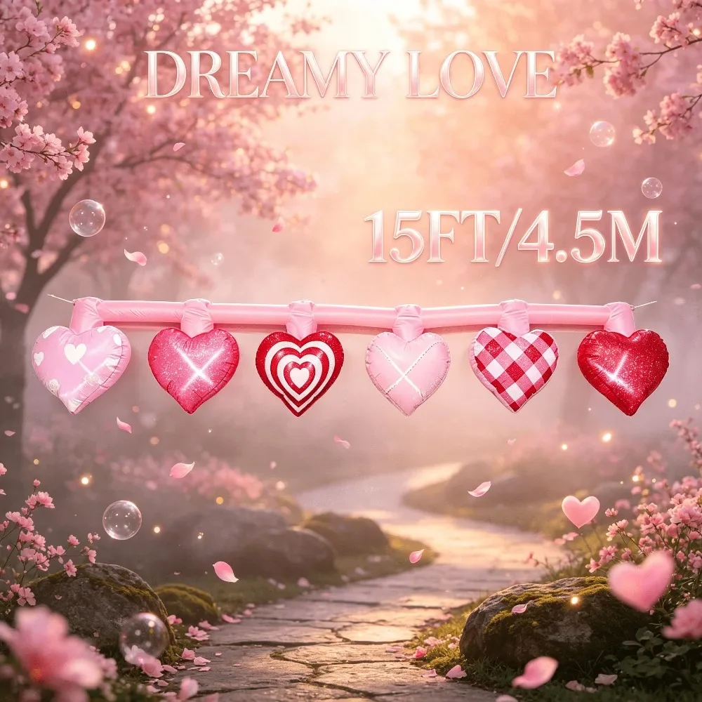 15FT Valentine's Day Inflatable Model Heart String Garland LED Light Up Love Heart Inflatable Outdoor Romantic Yard Party Decor