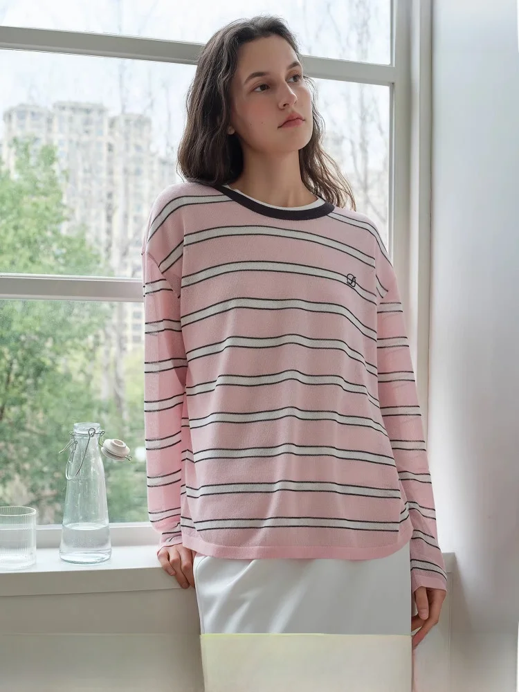 

White Peach Iceberry Knitted Top Women's round Neck Striped Color Block Summer Slim Fit Casual Loose Style Long Sleeve
