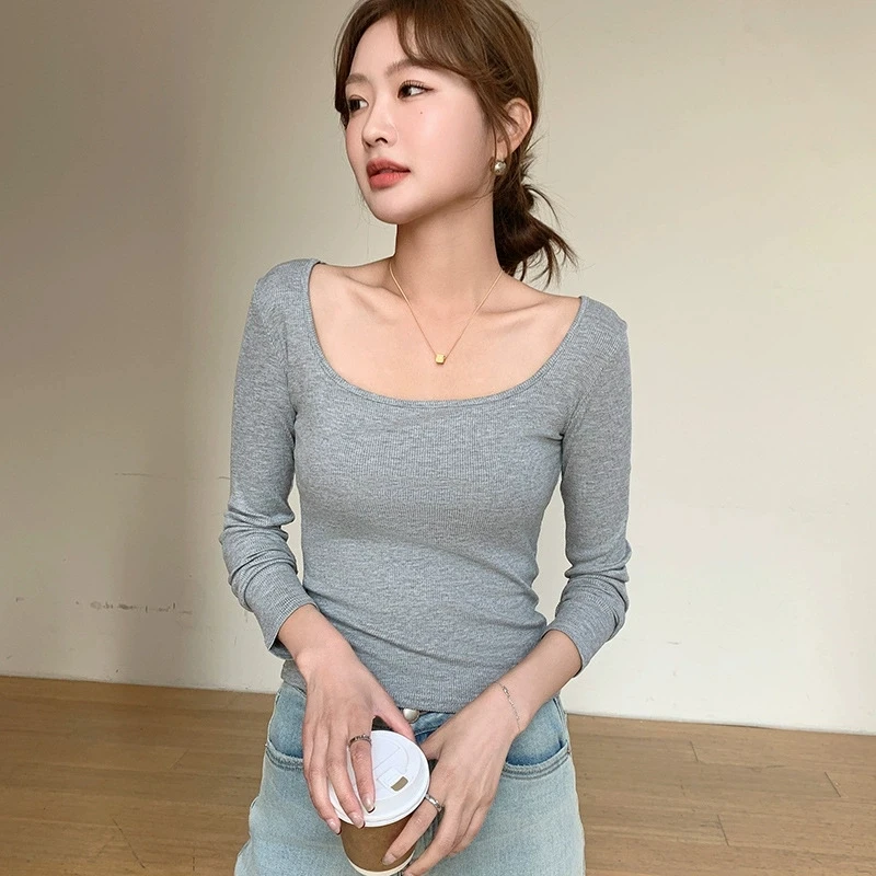 Basic Ribbed U-neck T-Shirts Female Korean Simple Casual Base Layer Crop Tops Ladies New Autumn Winter Long-sleeves T Shirt Tees