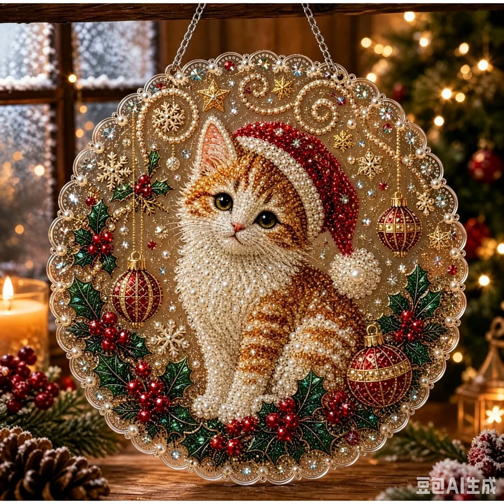 Pearl Diamond Painting Suncatcher Kit Christmas 3D Beaded DIY Craft with Double-Sided Print Hang Metal Chain Wall Decor for Home