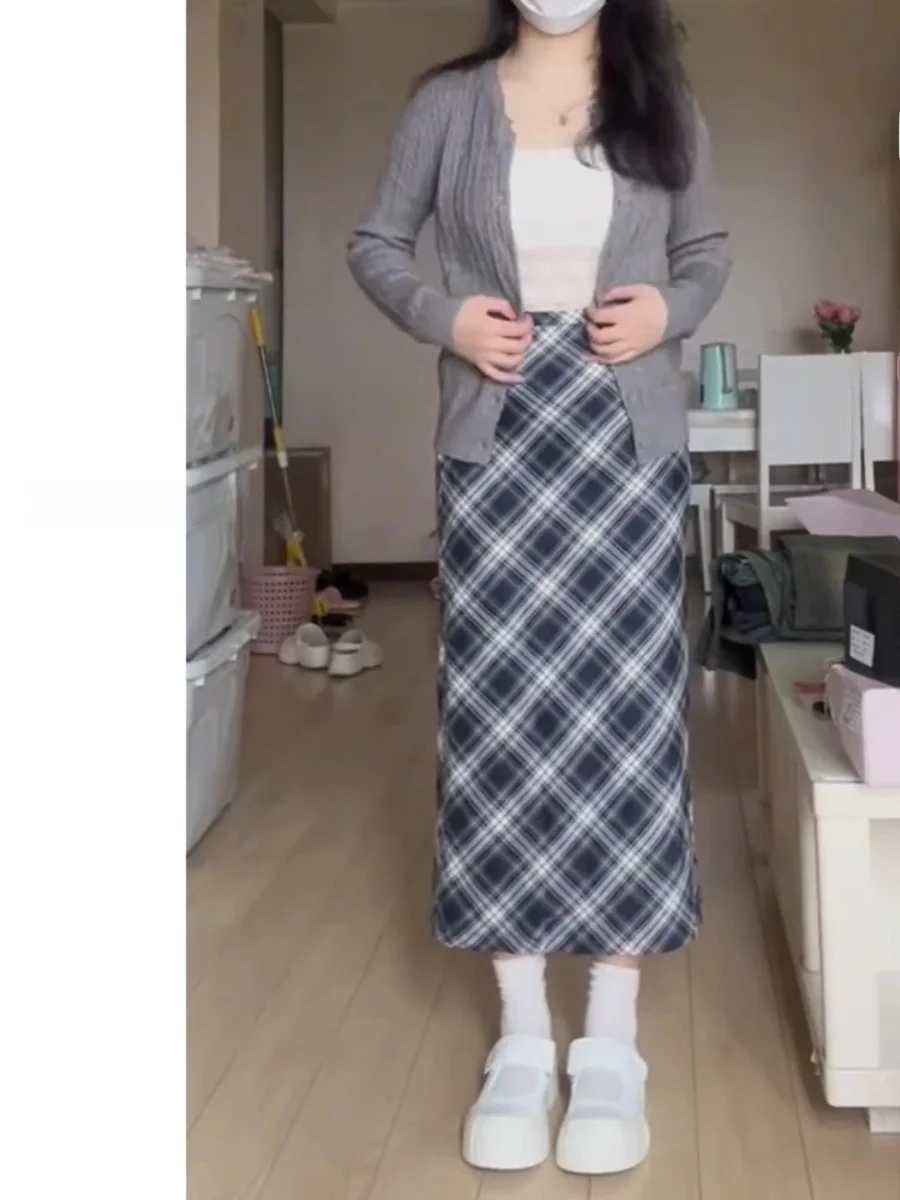 تنورة نسائية عالية الخصر بنقشة مربعات من الصوف، نصف طول، بلون المشمش، على الطراز الكوري، تنحيف الجسم، تصميم حرف A، للربيع وال...