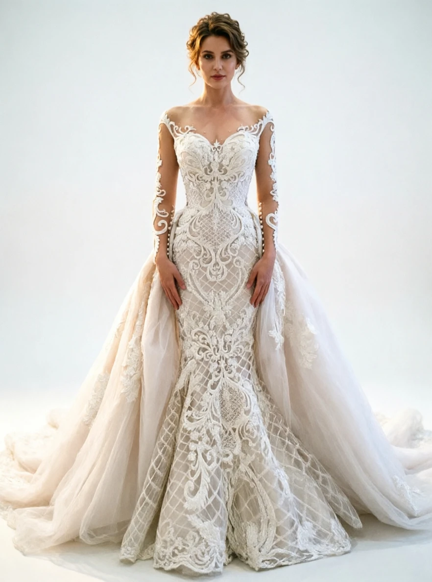 

Customized Sheer Lace Mermaid Wedding Dress Tulle Applique & Beaded Sweep Train, Elegant Arabic Bridal Gown Vestidos De Novia