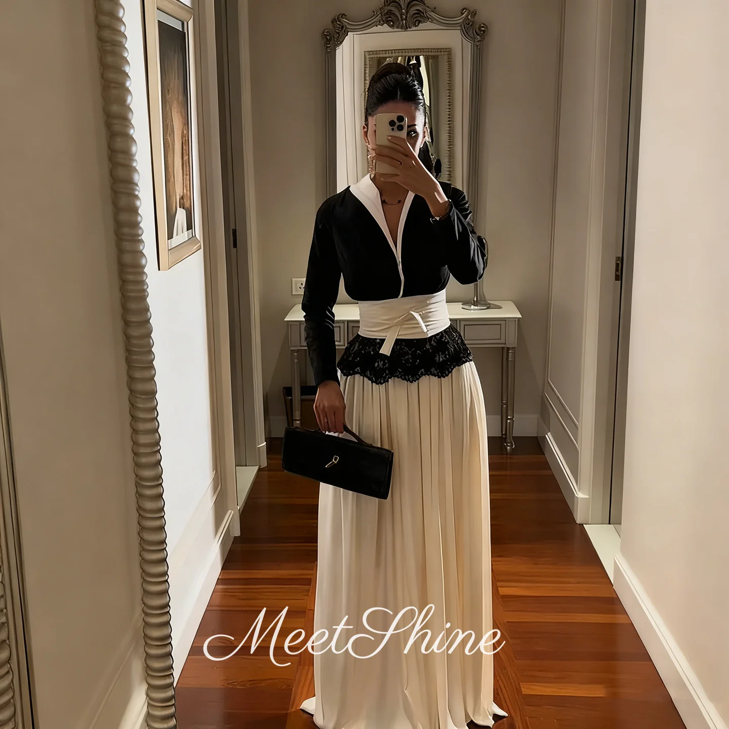 Black A-Line Dubai Long Sleeves Satin Pleated Evening Dresses Modern V-Neck White Lace Party Gown Prom Dresses Customized