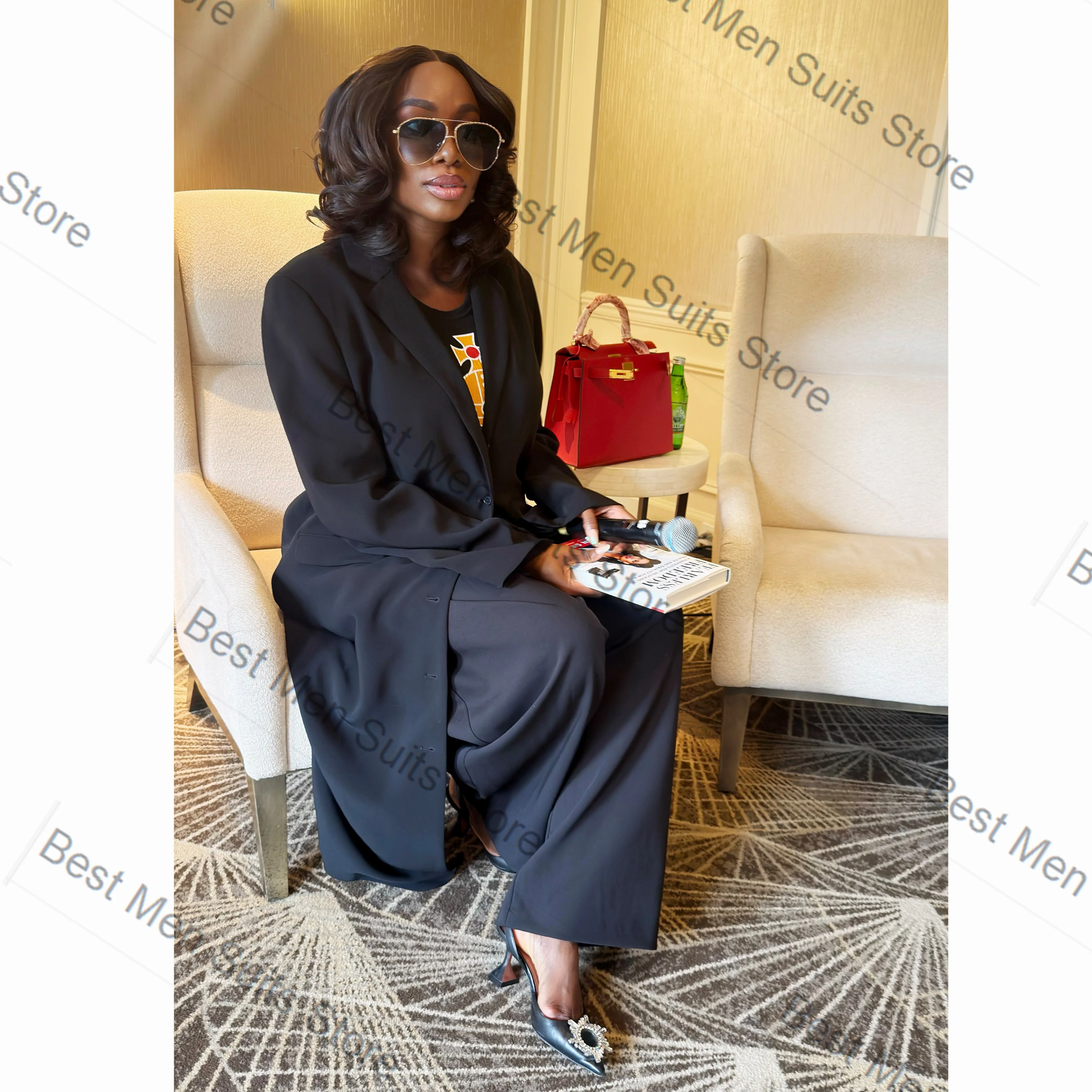 Black Women Suit Set 2 Pcs Long Blazer Pants Trousers Autumn Cotton Formal Office Jacket Customized Wedding Tuxedo Guest Coat