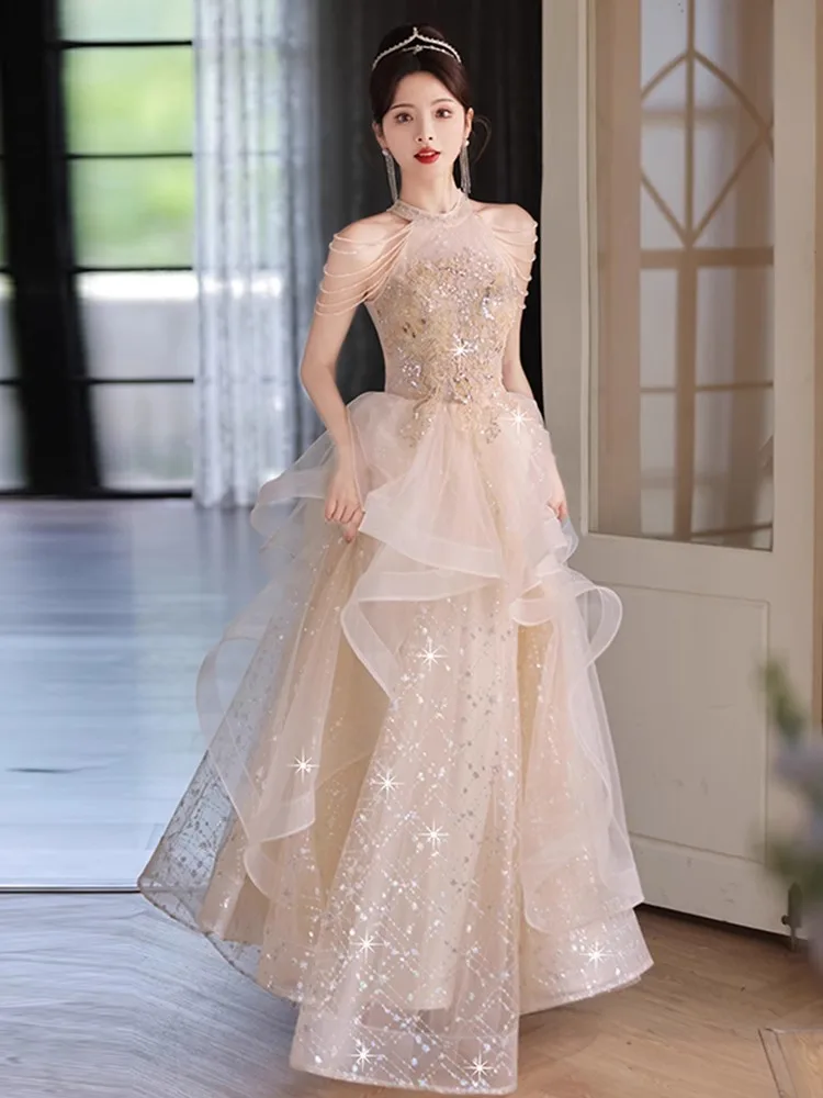 

Необычные вечерние платья цвета шампанского с лямкой на шее, расшитые бисером и блестками, многослойные вечерние платья из тюля с блестками