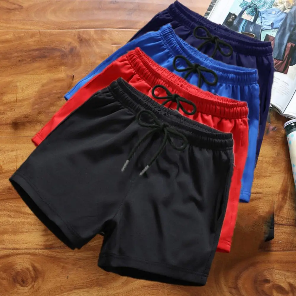 Summer Men Shorts Elastic Waist Drawstring Gym Short Pants Solid Color Wide Leg Outdoor Running Sports Shorts Streetwear