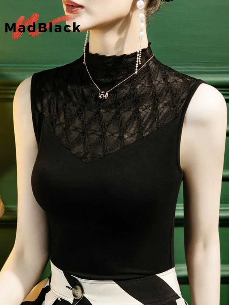 

MadBlack-Women's European Vest, Sexy Mock Neck Lace Patchwork, Streetwear Slim S-3XL Innerwear Camisole, 2026 Spring T5D602CC