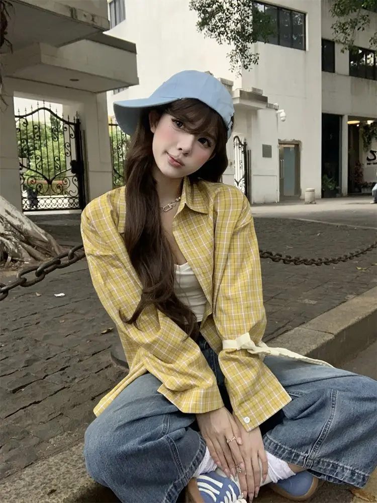 High Street Design Sense Niche Breathable Shirt Women's Yellow Plaid Sunscreen Jacket Top Men's and Women's Couples