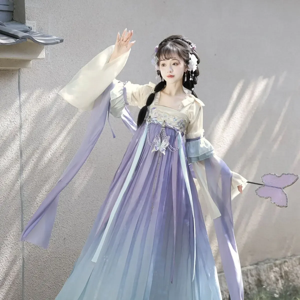 

Original Elegant Purple Butterfly Embroidered Trumpet Sleeve Hanfu Dress Suit Women Tang Dynasty Princess Dress Fairy Vestidos