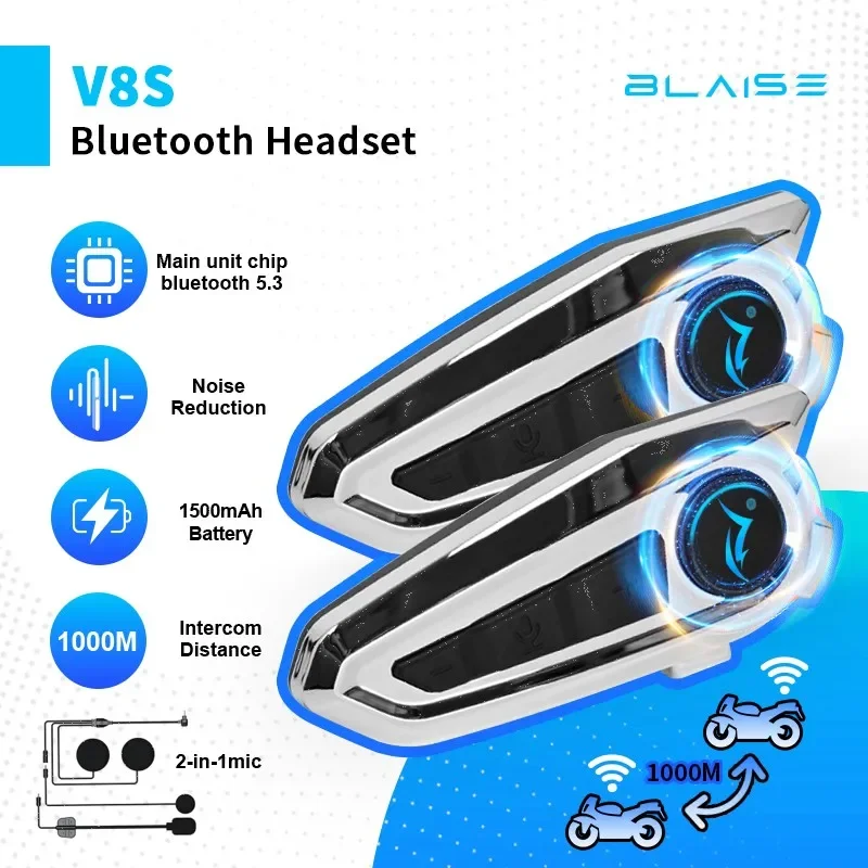 

BLAISE V8S Intercom Motorcycle Helmet Bluetooth Headsets 2 Rider Communication Moto 1km Music Sharing FM Radio Biker Interphone