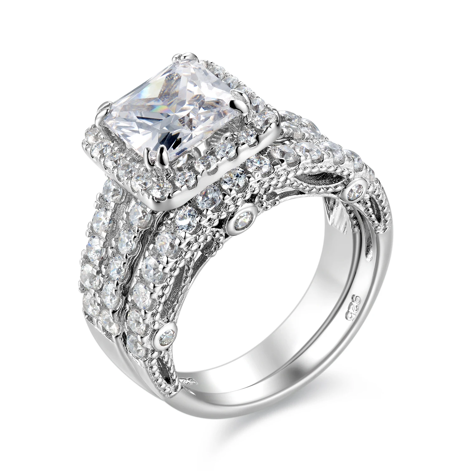 Newshe 2 szt. Pierścionki ślubne dla kobiet z litego srebra próby 925, zestaw ślubny, 8*8mm 3CT, szlif princess, cyrkonia sześcienna 5A, biżuteria wysokiej jakości — zdjęcie 2