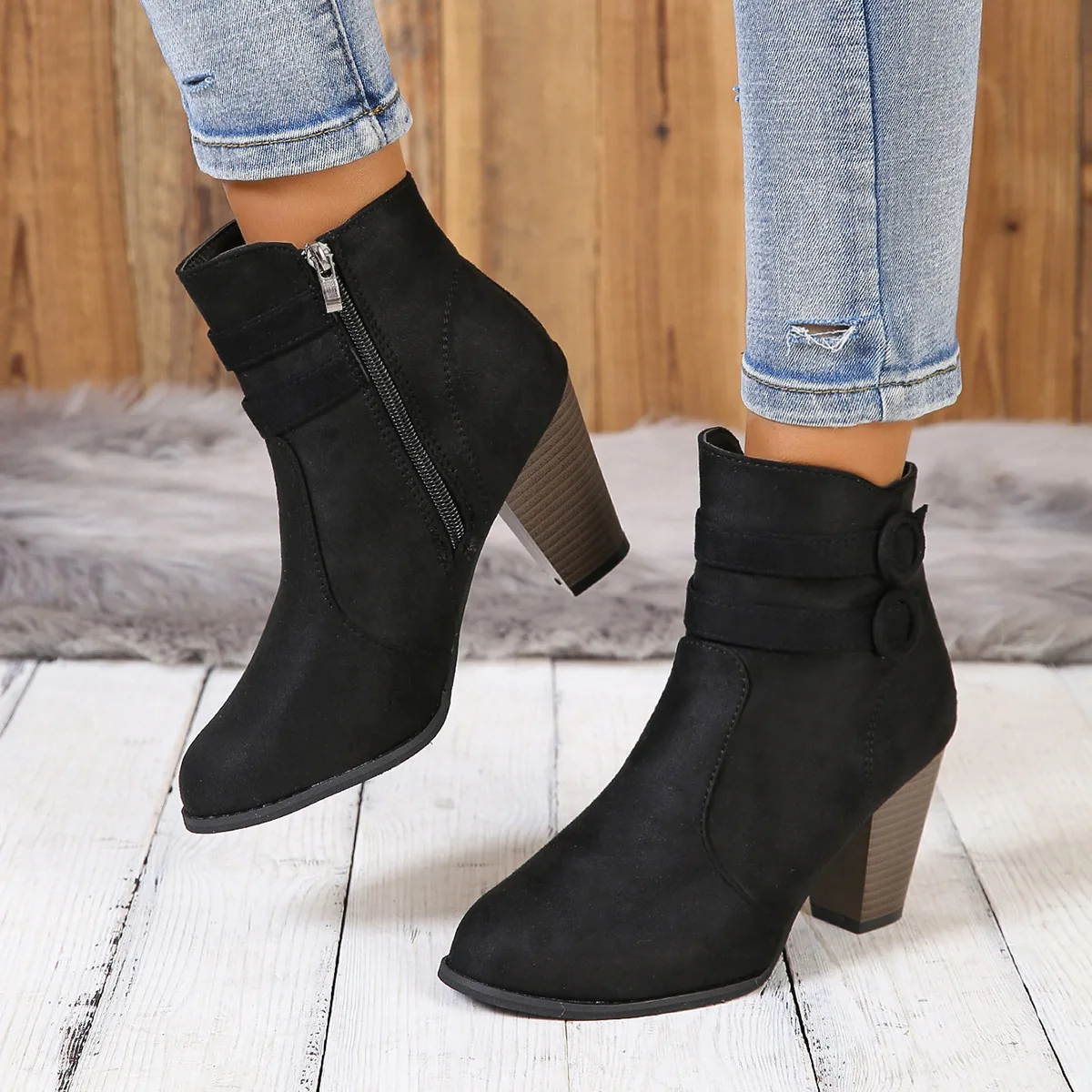 

The 2025 autumn new style of fashionable suede belt buckle high-heeled bare boots with women's side zipper