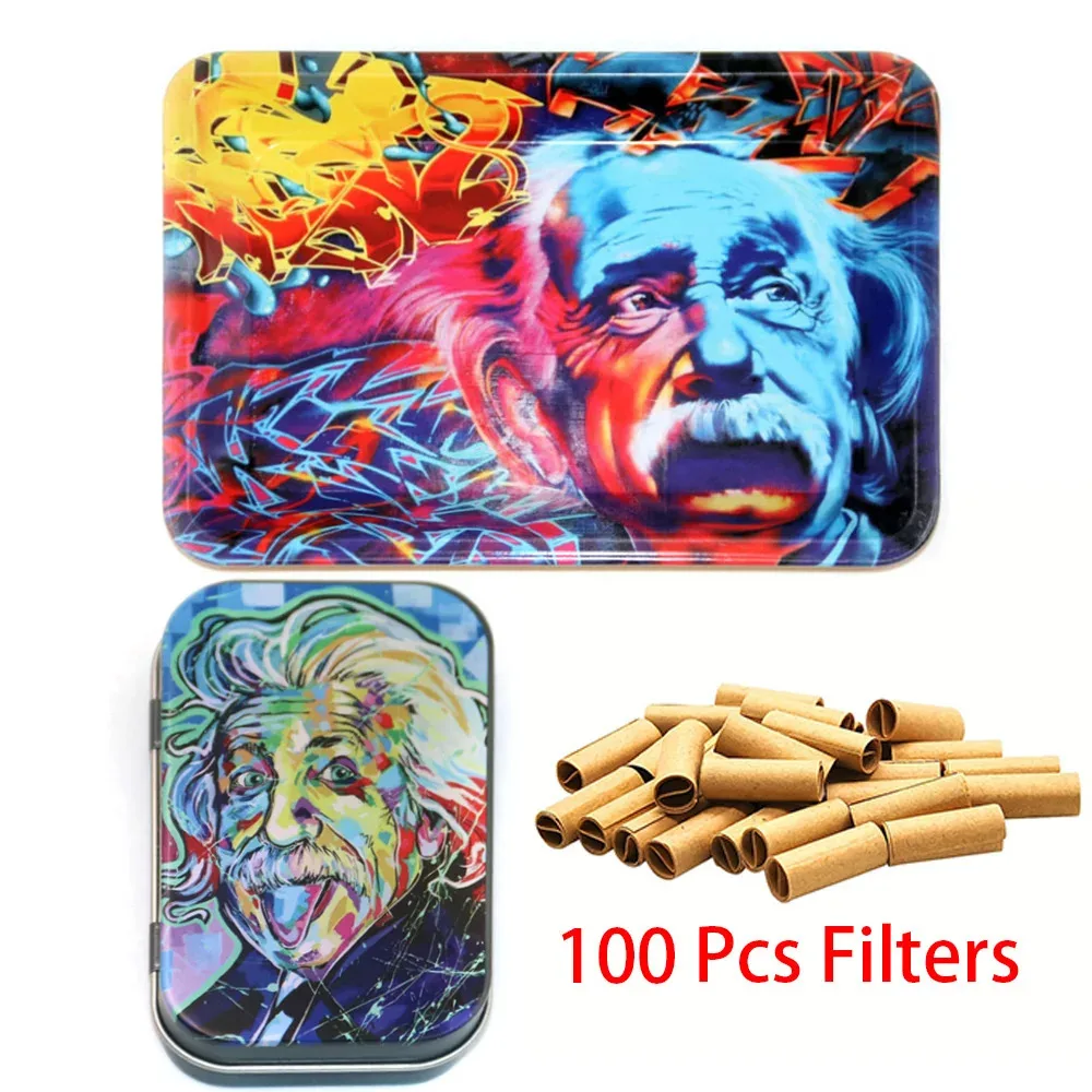 Natural Unrefined Tips Cigarette Filters 180*125mm Metal Rolling Tray Tobacco Herb Trays Tobacco Box Smoking Accessories Kit