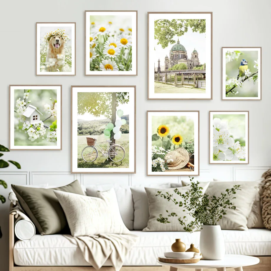 Primavera girasol Sakura molino de viento granja Iglesia paisaje verde carteles cuadro sobre lienzo para pared para decoración del hogar para sala de estar