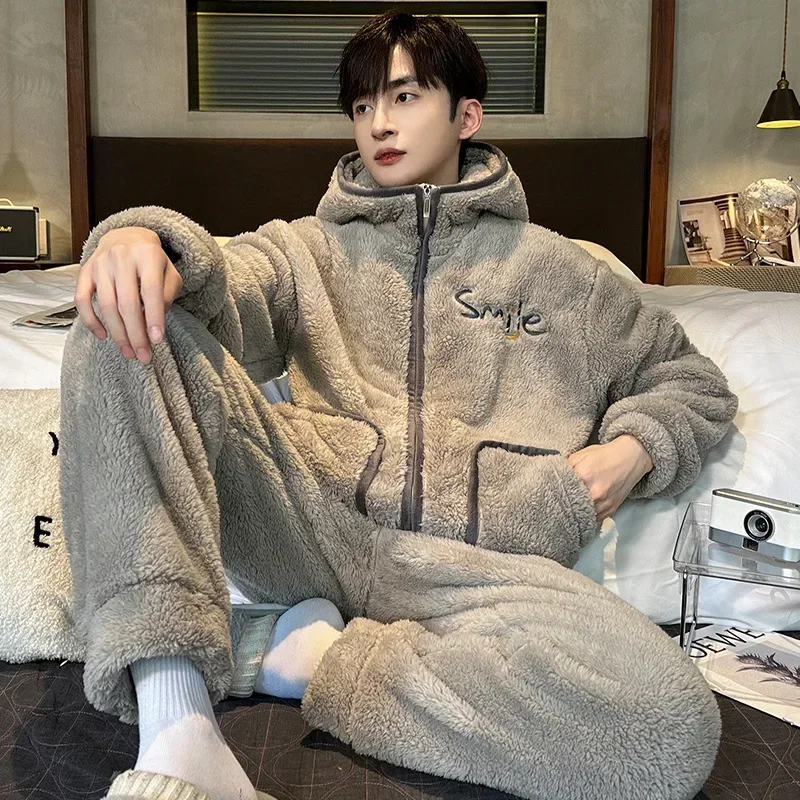 Coral Fleece Pajama Sets Men Winter Warm Sleepwear Long Sleeve Trouser Pajamas Flannel Thick Homewear Zipper Hooded Pajamas