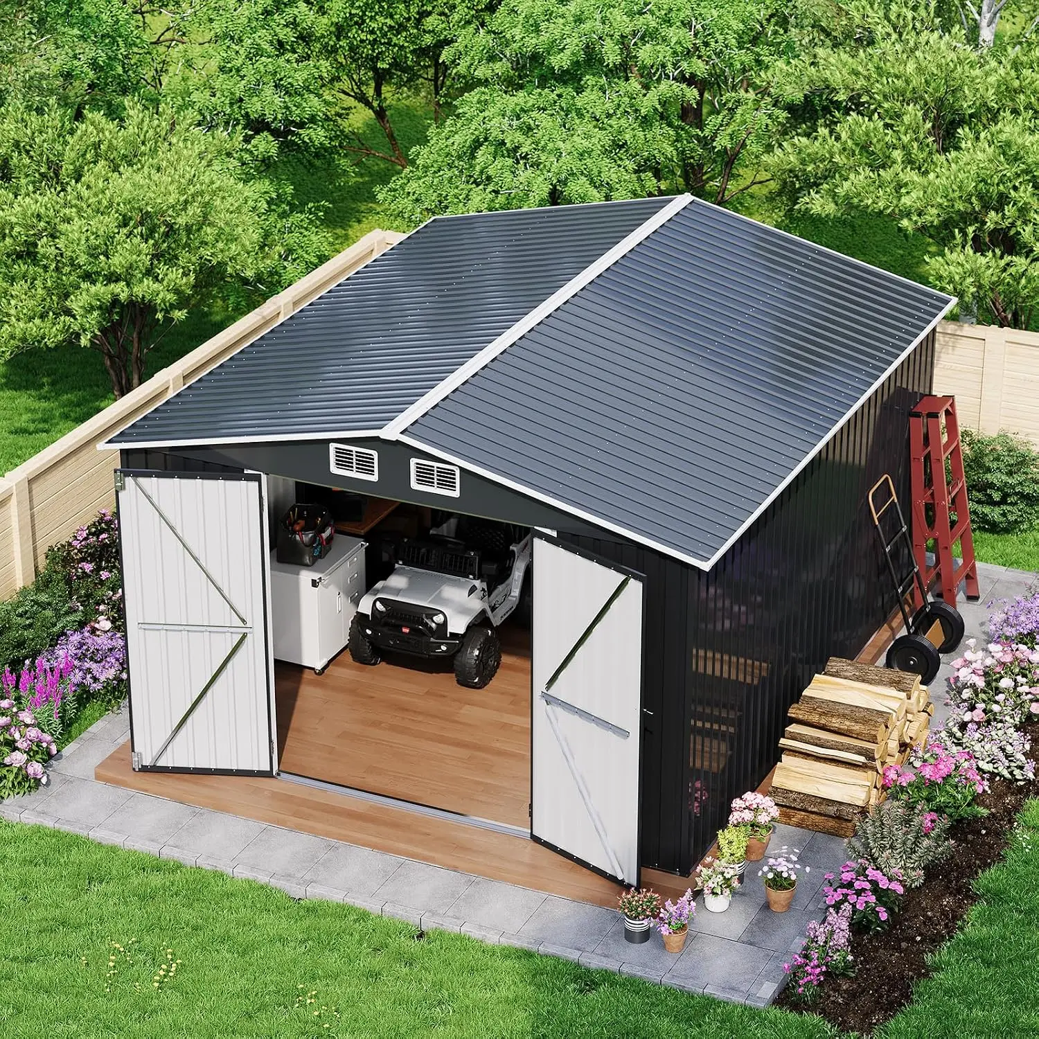 12 X 10 ft Outdoor Storage Shed, Metal Garden Sheds & Outdoor Storage with Updated Frame Structure, Backyard Garden Terrace Tool