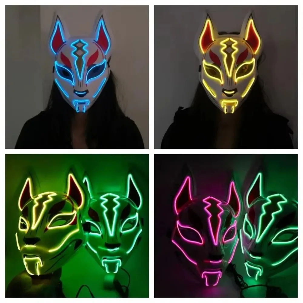 PVC Japanese Fox Mask LED Neon Light Mask Halloween Costume Mask Luminous LED Mask Dance Party Props Reusable Full Face Decorate