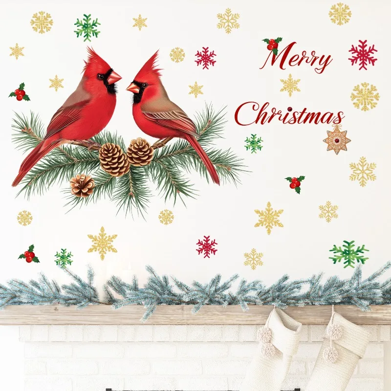 Christmas Colorful Parrot Pine Cone Snowflake Party Bedroom Porch Home Decoration Wall Sticker