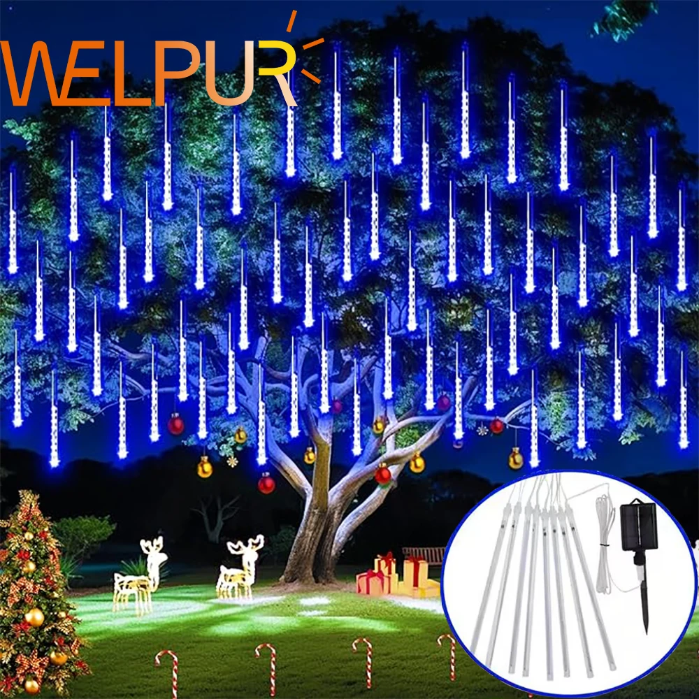 Christmas Lights Outdoor Solar Meteor Shower Lights 8 Tubes Xmas Tree Rain Drop Lights For Holiday Wedding Party Decorations