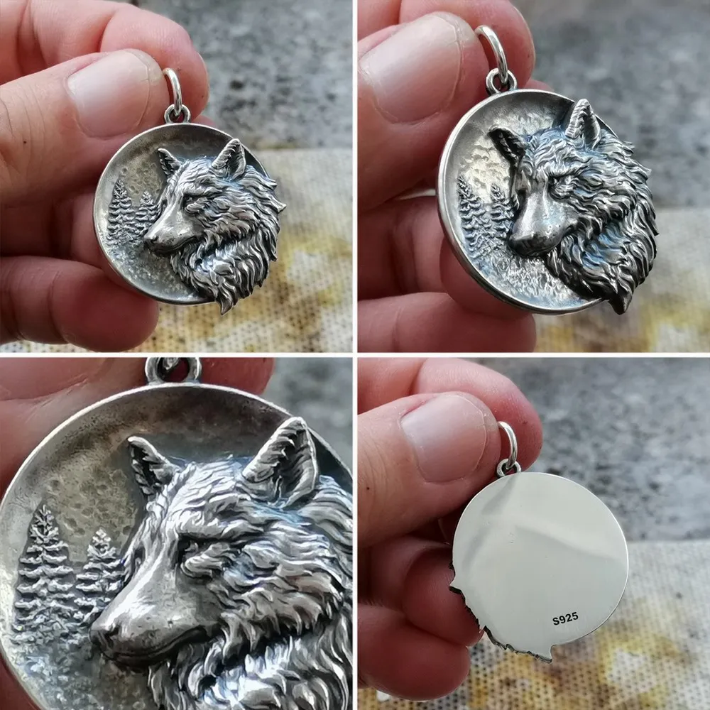 LINSION 925 Sterling Silver Embossed Wolf Pendant Mens Punk Pendant TA338 BZ