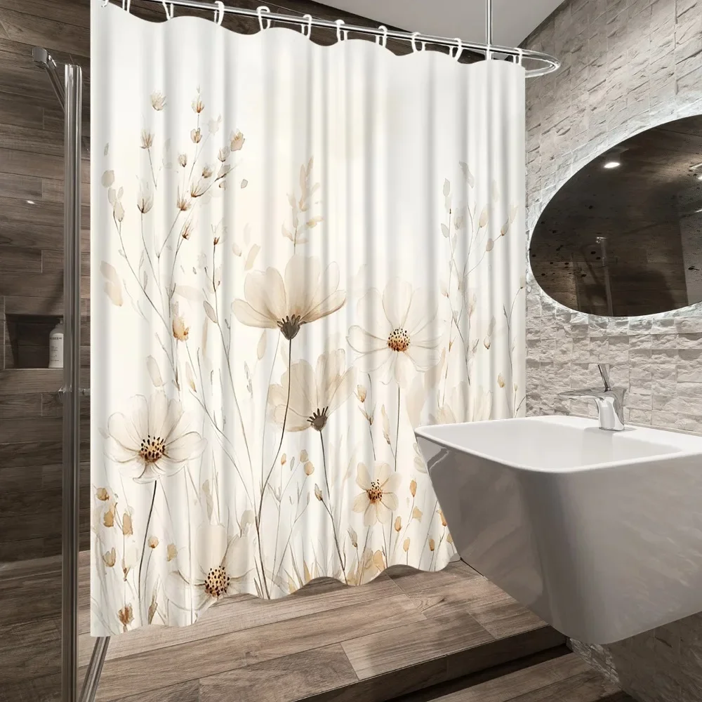 1pc Beige Floral Shower Curtain - Cosmos Flowers, Durable Polyester, 12 Hooks,  Machine Washable