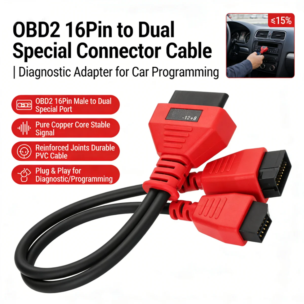 OBD 12+8 Pin Diagnostic Splitter Cable Red OBD2 Extension Y Cable for Automotive Scanner Tool Car Diagnostic Adapter MS906 MS908