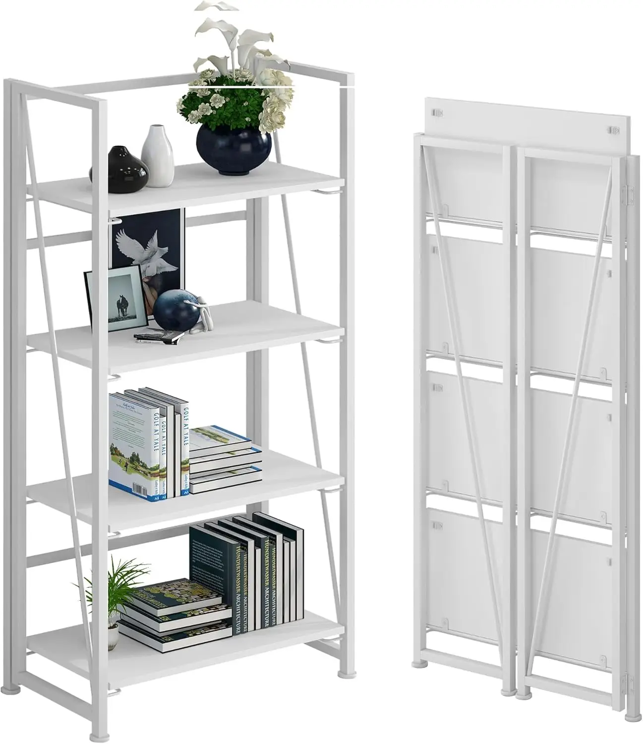 

No-Assembly Folding Bookshelf Storage Shelves 4 Tiers Vintage Multifunctional Plant Flower Stand Rack Shelves