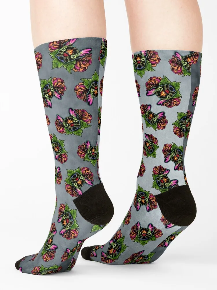 Day of the Dead French Bulldog in Black Sugar Skull Dog Socks japanese fashion compression kawaii halloween Woman Socks Men's