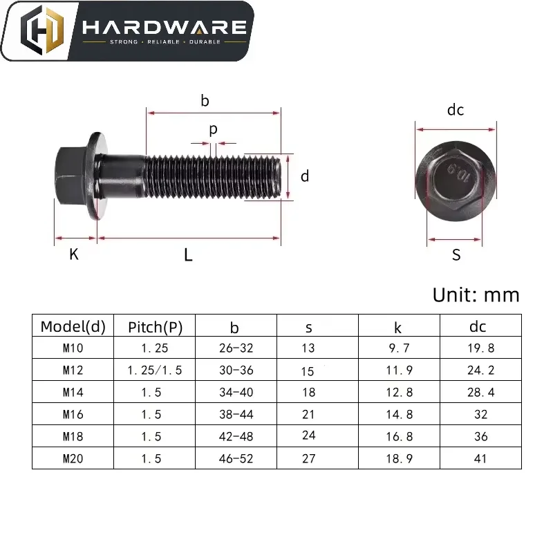 M10 M12 M14 M16 Grade 10.9 Black Carbon Steel Fine Thread Hexagon Flange Cap Screw Hex Washer Bolts Pitch 1.25/1.5mm