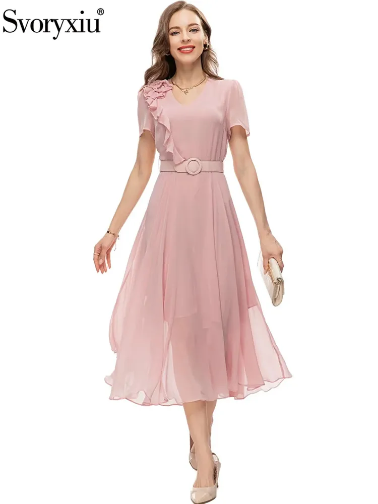 

Svoryxiu Summer Fashion Pink Color A-Line Long Dress Women's Appliques V-Neck Flounces Belt Slim Party High Waist Dresses