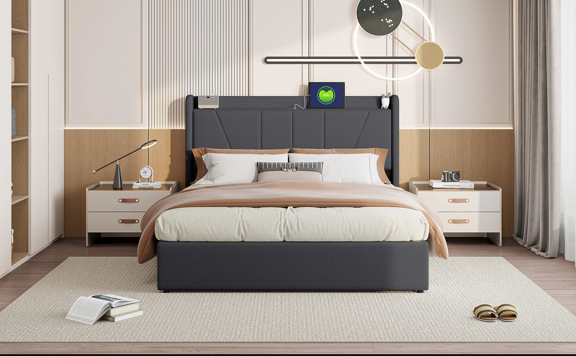 Comanlai Doppelbettgestell 160x200cm Grau Gasdruckfeder-Bett mit Stauraum, 2 USB-Anschlüssen und 1 Typ-C-Anschluss, Gepolstertes Bettgestell – Detail 1