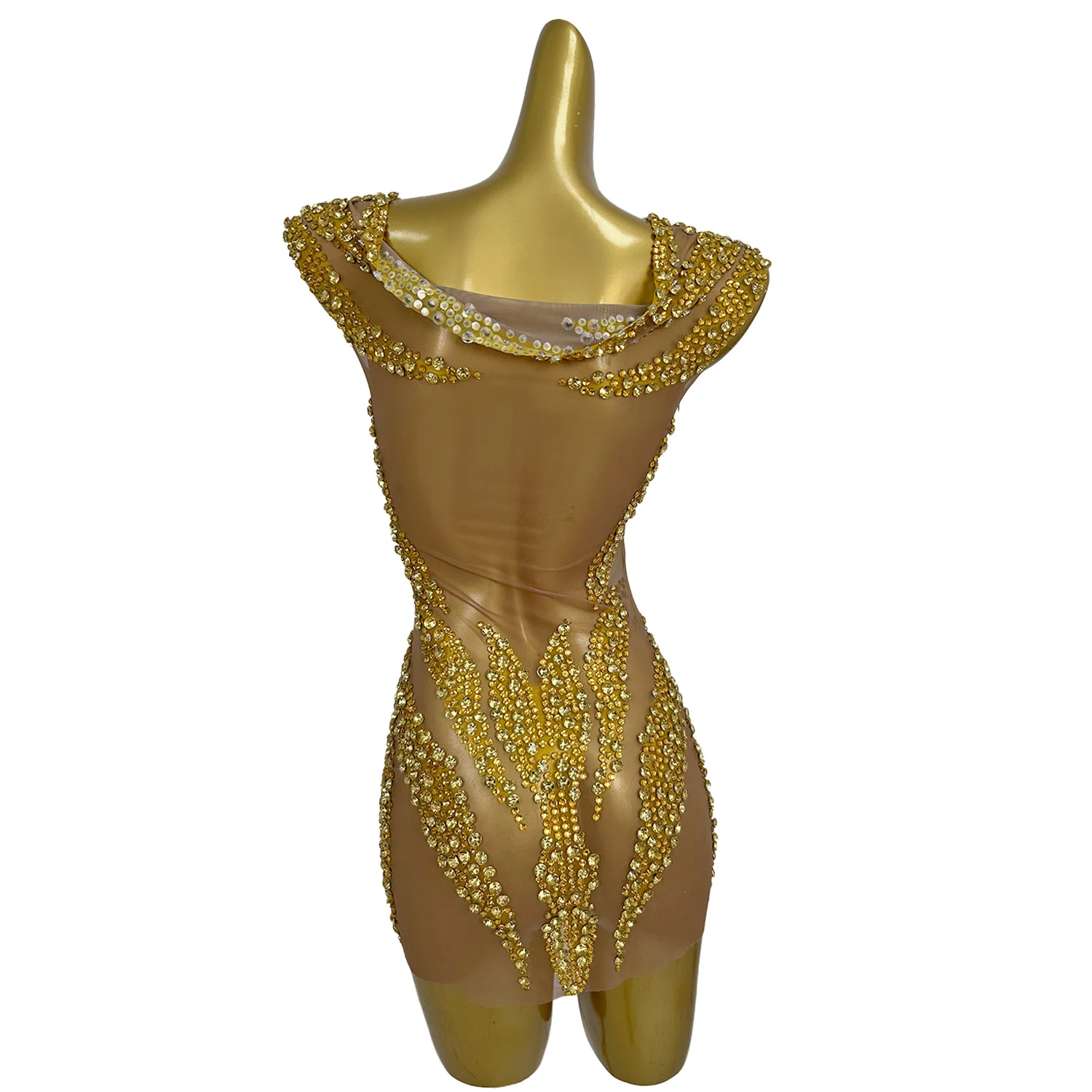 Sparkly Gold Diamonds Mini Dress Women Sexy Off Shoulder Mesh Elegant Party Birthday Dress Stage Performance Costume Xuelian