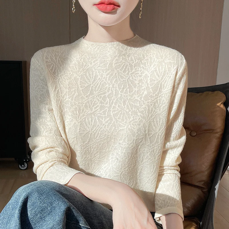 

Exquisite Imitation Wool Lace T-Shirt Women's Long Sleeved Solid Color Spring/Summer Fashion Pullover Knitted Thin Style Top