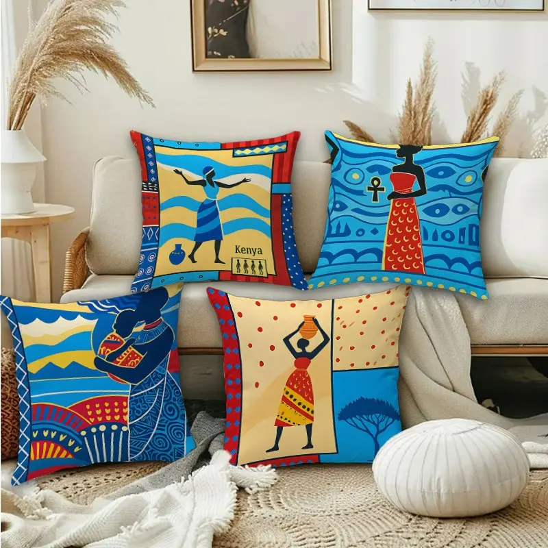 African Tribal Art Pillow Covers, Kenya Egyptian Inspired Decorative Throw Pillow Cases, Afrocentric Home Decor Cushion Covers