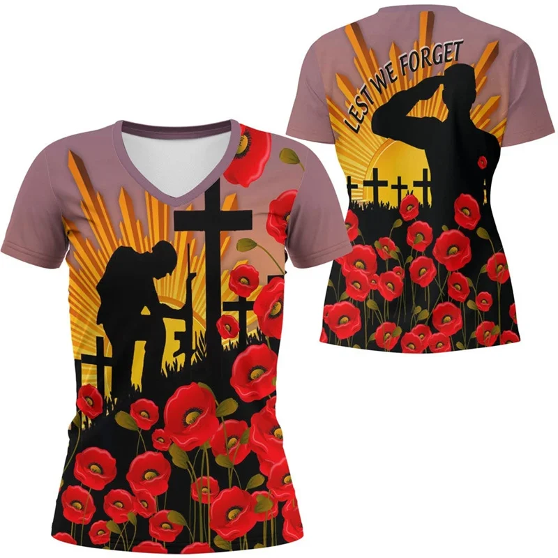 New Anzac Day V Neck T Shirt For Men Poppy Graphic T Shirts Lest We Forget Australia New Zealand T-Shirt Jersey Kid Short Sleeve