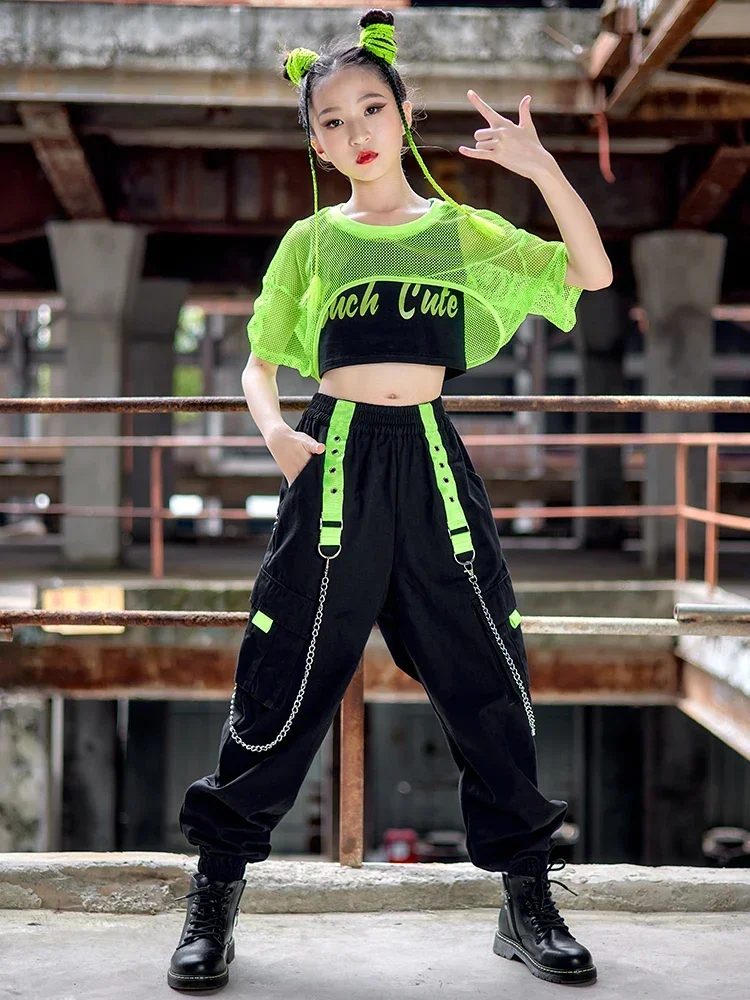 Abbigliamento per ragazze Hip Hop Costume da ballo Jazz top a rete verde pantaloni neri abbigliamento da ballo di strada moderno Kpop Performance Stage Wear BL8602