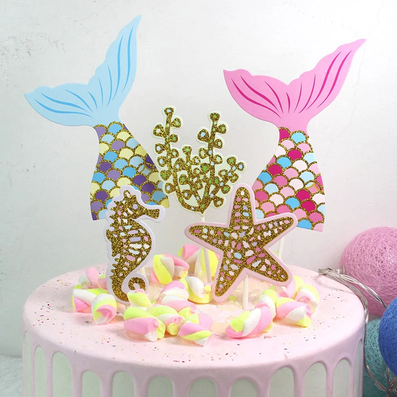 5pcs/set cute mermaid tail starfish coral seahorse cake toppers party supplies