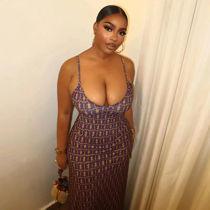2025 Abito lungo aderente con stampa sexy Donna con cinturino per spaghetti senza maniche Vita senza schienale Slim Fit Orlo diviso Elegante Clubwear Abiti