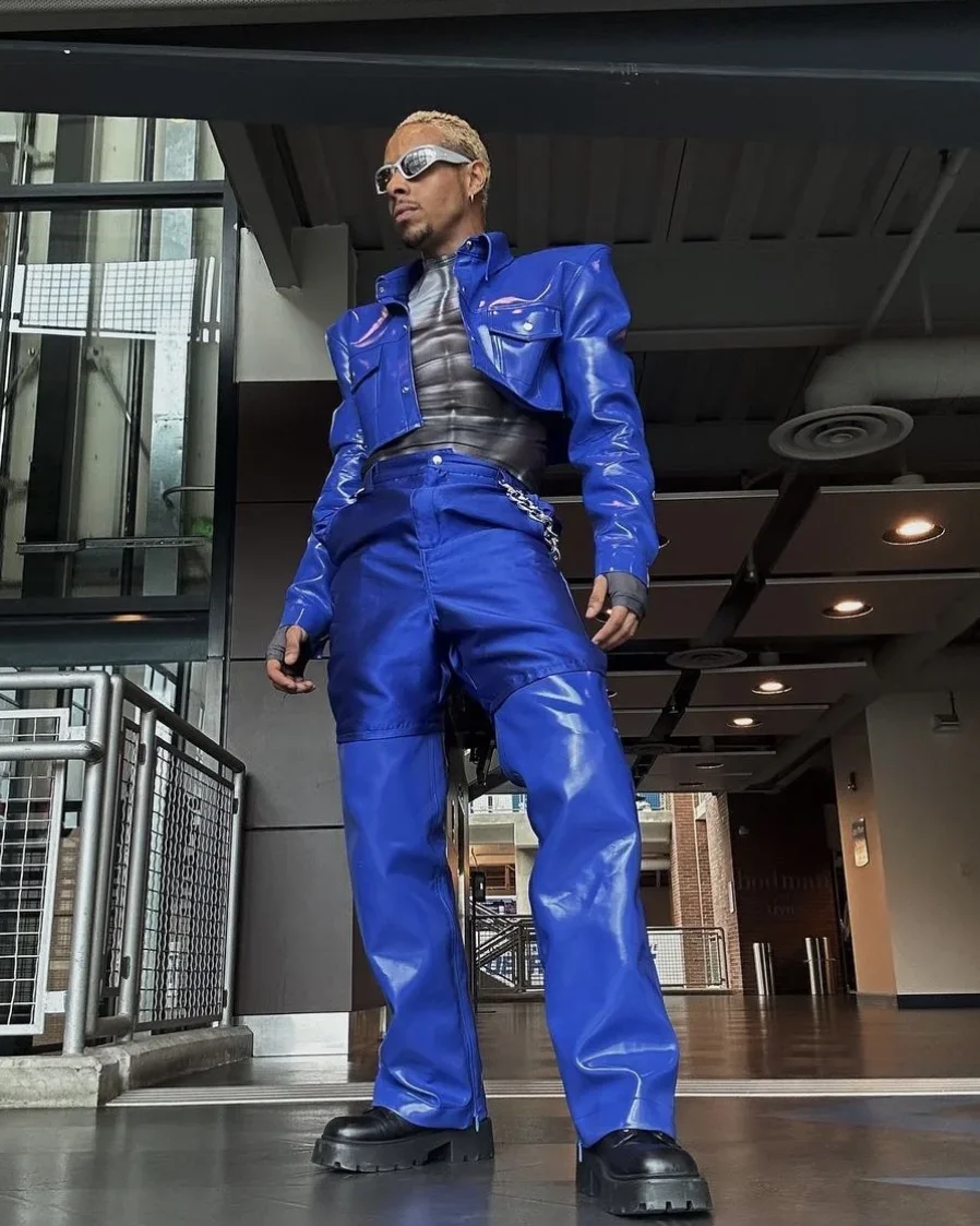 

Новый модный кожаный костюм-комплект для выступлений в стиле Royal Blue для ночных клубов и баров, европейский и американский дизайн, 2025 год, yj276