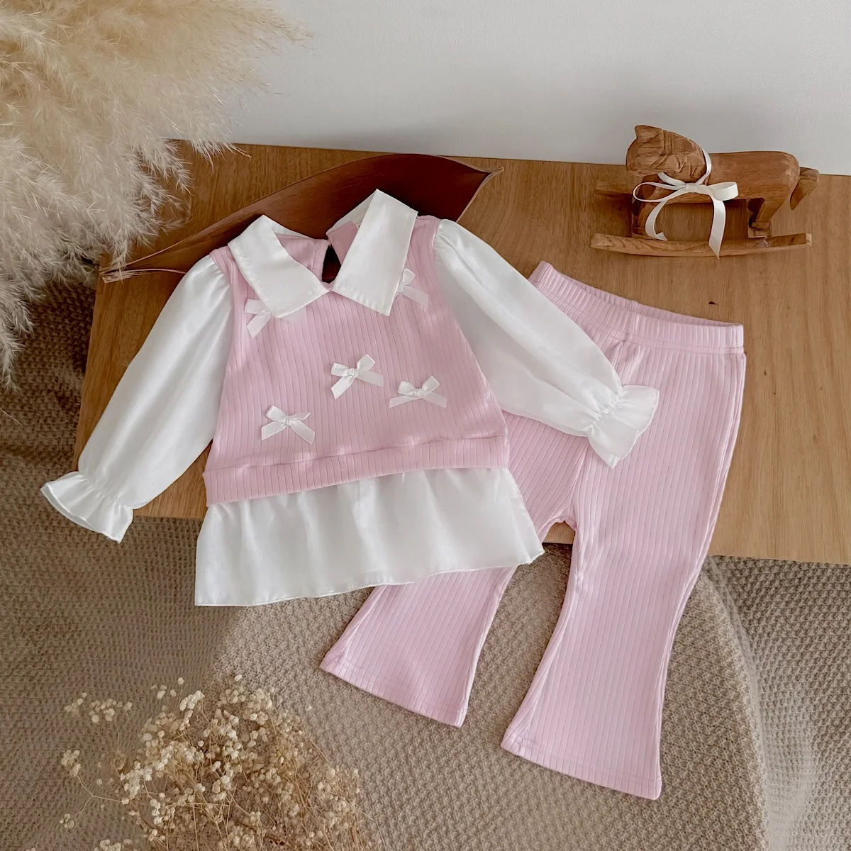 Sweet Pink Baby Girl Bow Ribbed Fake‑3‑Piece Outfit, Infant Lapel Long‑Sleeve Top Flared Pants 2‑Piece Casual Set