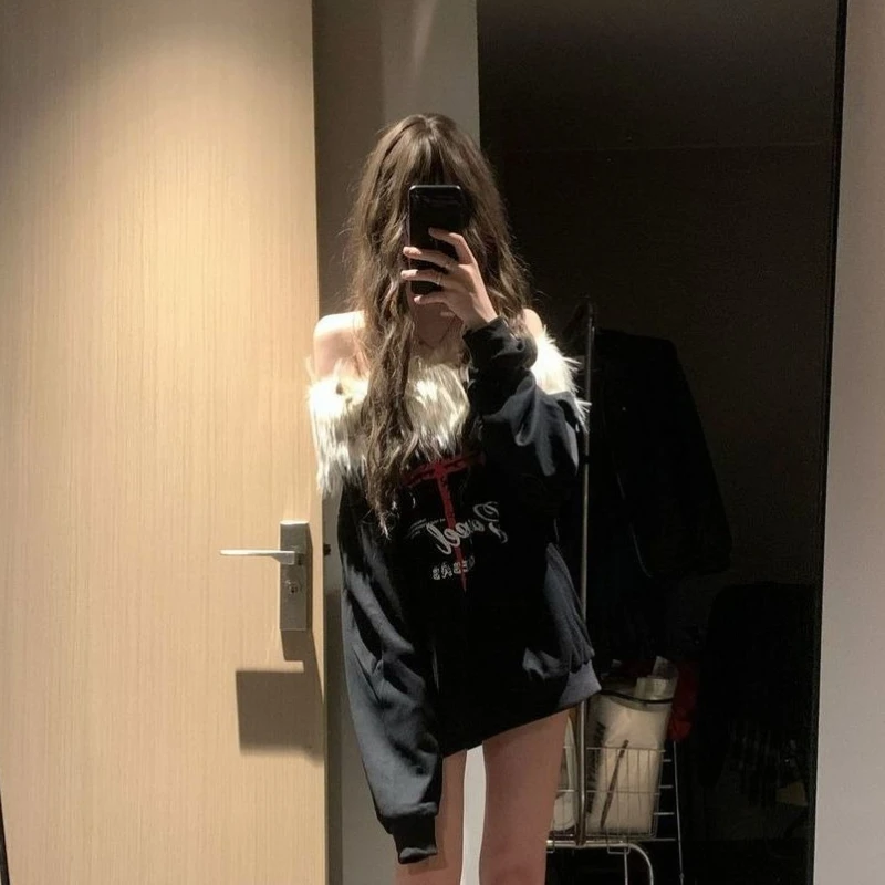 Y2K Hot Sweet American Vintage Allentato Sottocultura Felpe 2000s Harajuku Sexy Casual Coreano Collo di Pelliccia Con Cappuccio Autunno Chic