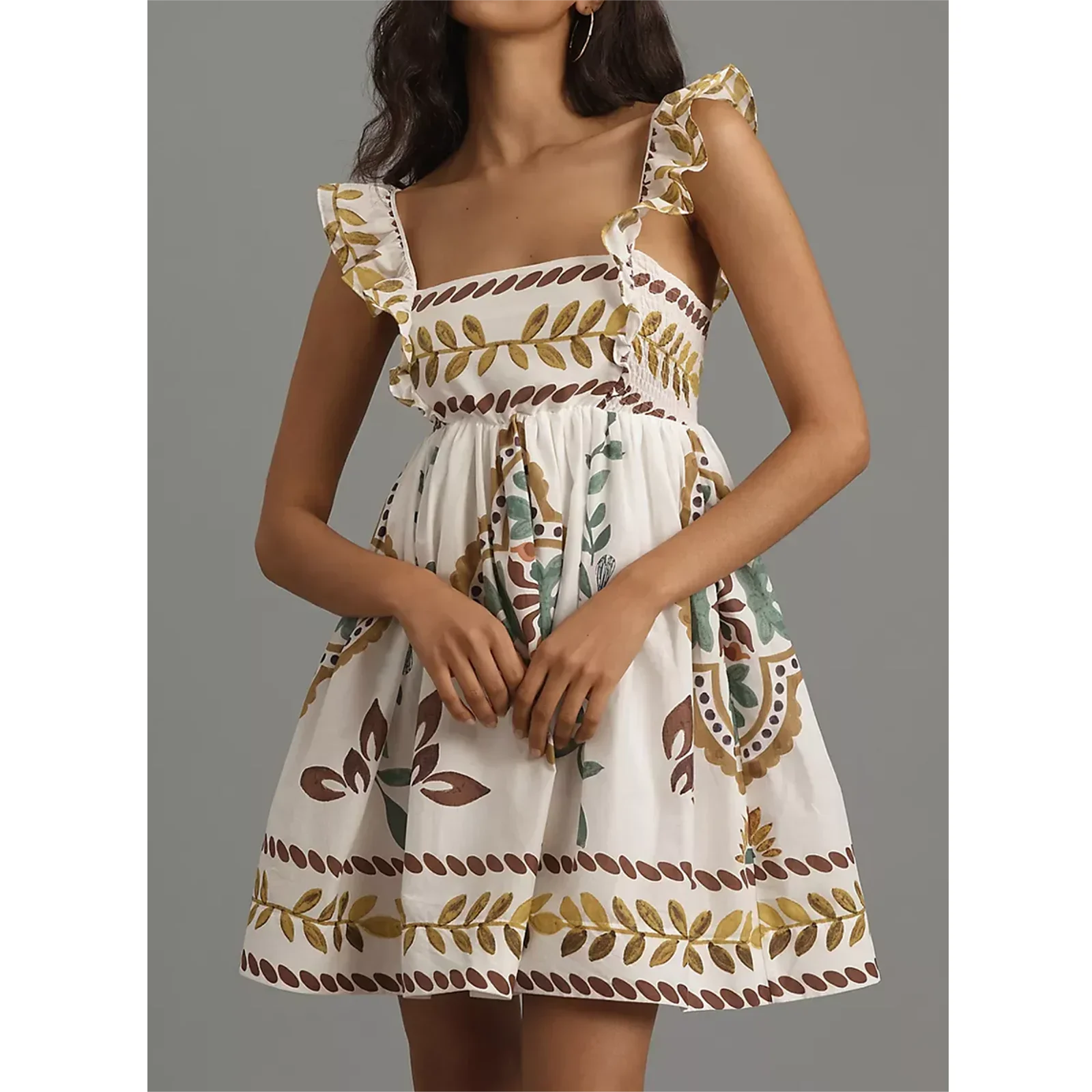 

Women's Bohemian Mini A-Line Dress Fashion Sweet Ruffle Sleeveless Square Neck Short Flowy Beach Dress