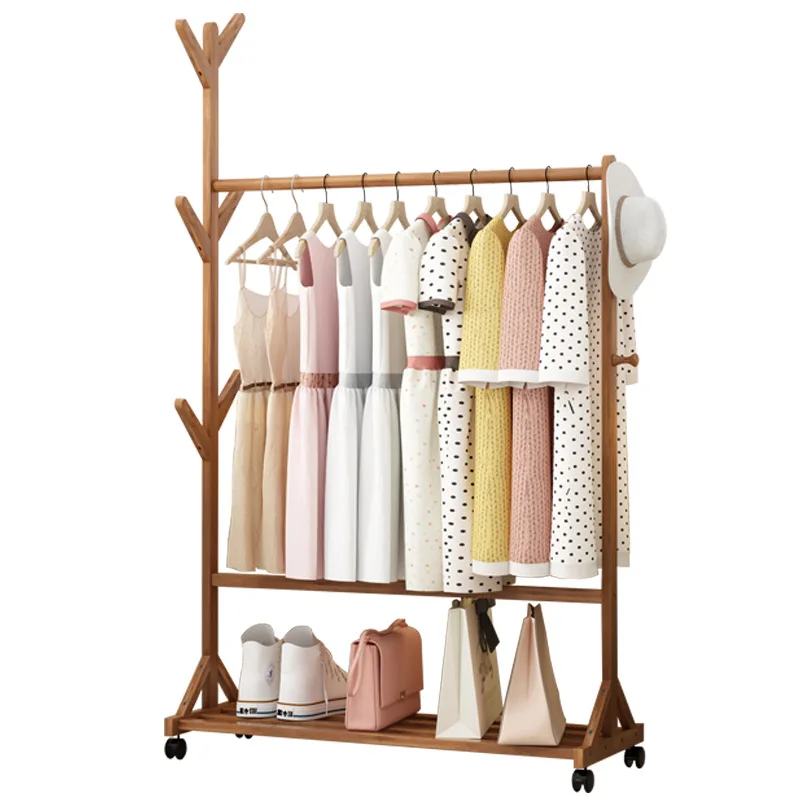 Bamboo Material Coat Rack Floor Simple Modern Hanger Home Solid Wood Hanger Rack Bedroom Clothes Rack Mobile Rack