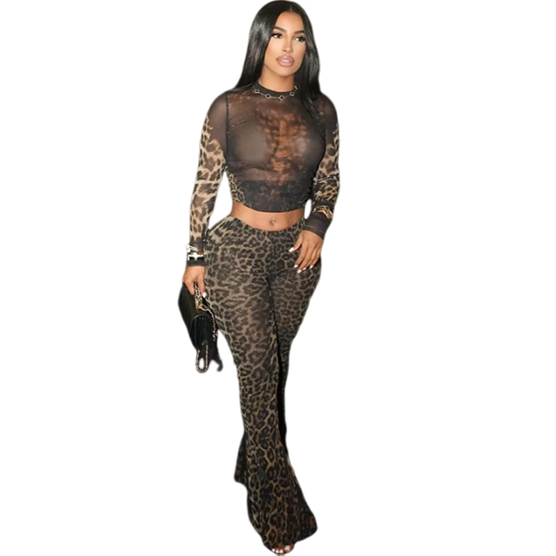 Weird Puss Sexy 2-częściowy zestaw dla kobiet See Through Midnight Party Full Sleeve Crop Tops+Pants Matching Clubwear Skinny Autumn Outfits — zdjęcie 2