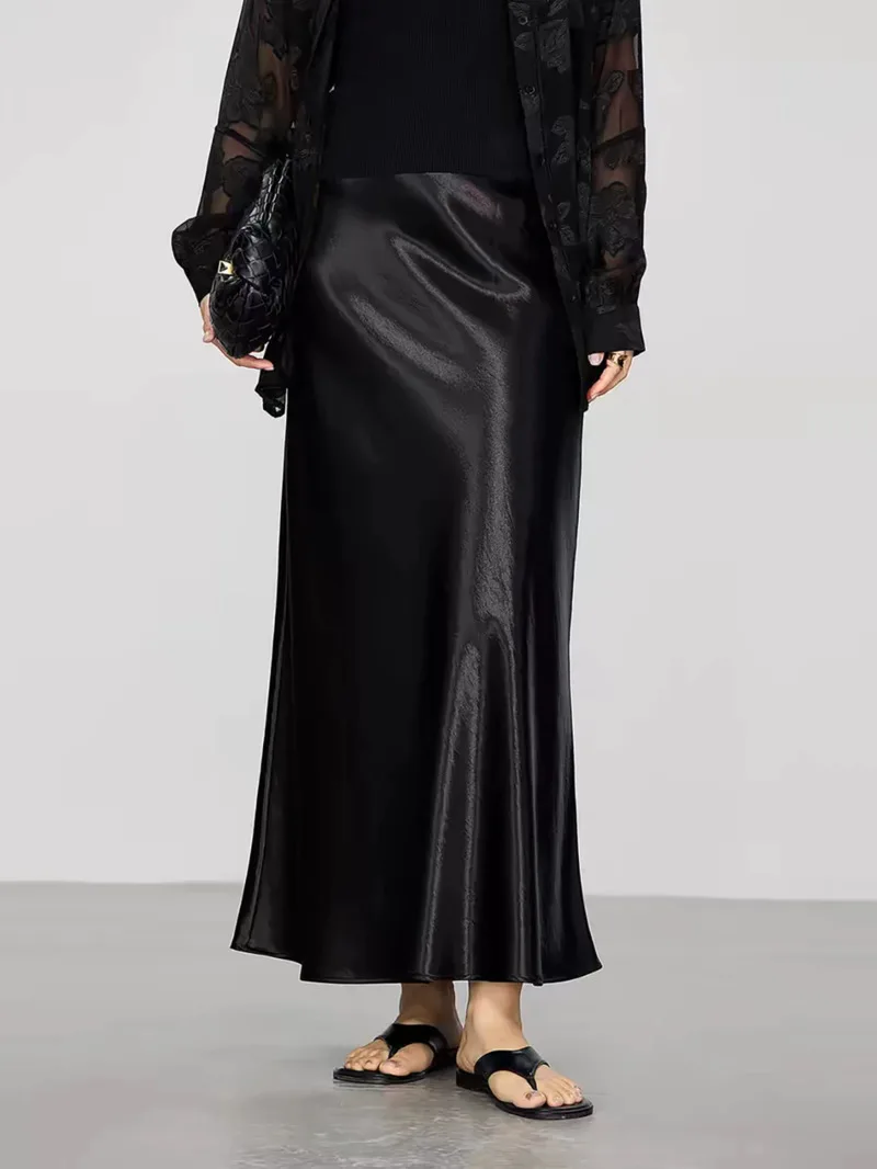 

Women's Satin Skirt Brown A-line Elegant Vintage Women Midi Skirt Solid High Waist Autumn Winter Long Silk Skirts Black New TCD8
