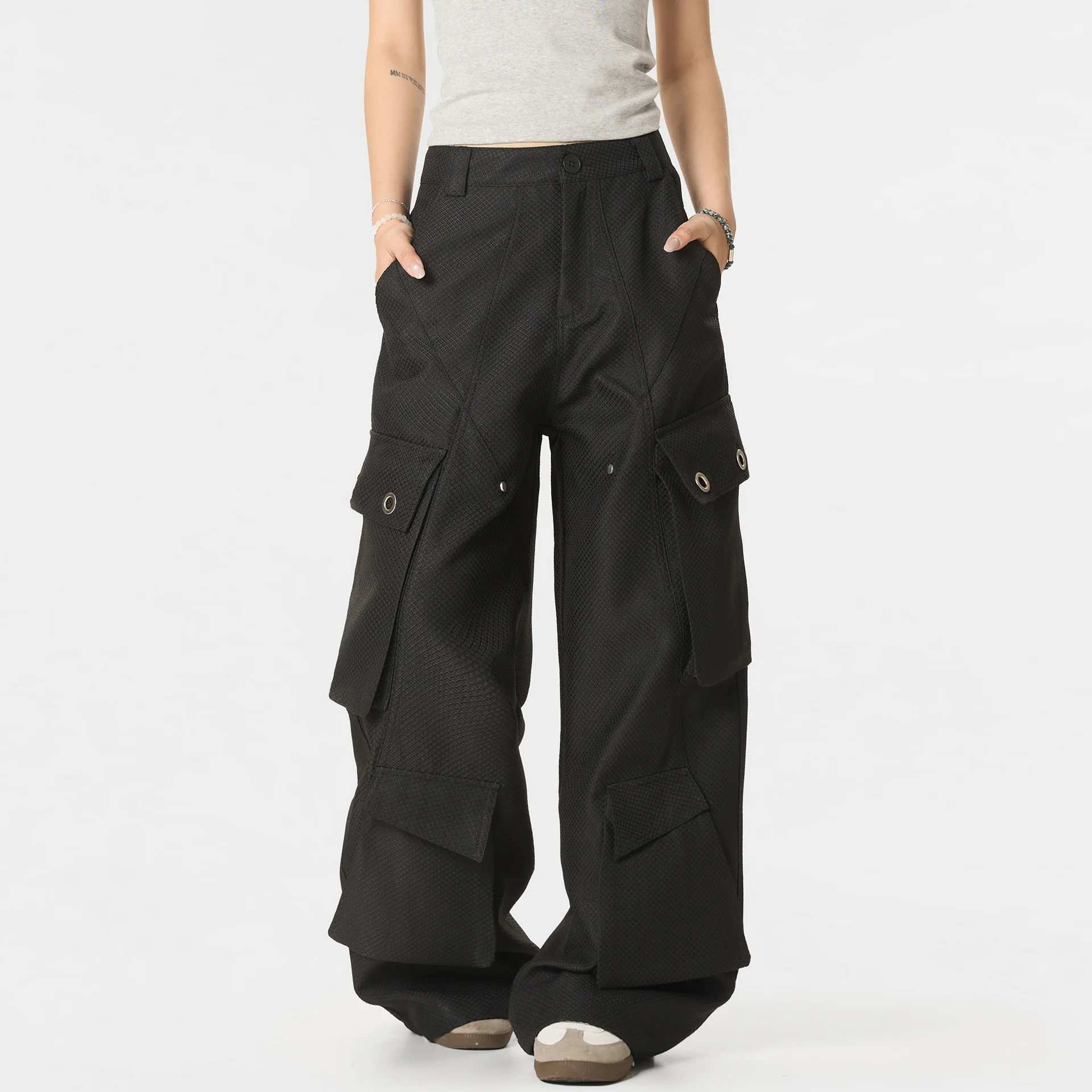 OR FL Texture Sensation Multiple Pockets Cannonball Pants Baggy Wide Leg Deconstruction Cargo Trousers Floor-length Pants Y2k